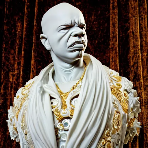 Prompt: statue of ice t rap hero, carved white marble, inlaid with ivory and gold accents, ivory rococo, sculpted by spider zero, beautifully lit, hyper detailed, insane details, intricate, elite, ornate, elegant, luxury + + upward perspective + + cinematic perspective, dramatic lighting, cgsociety