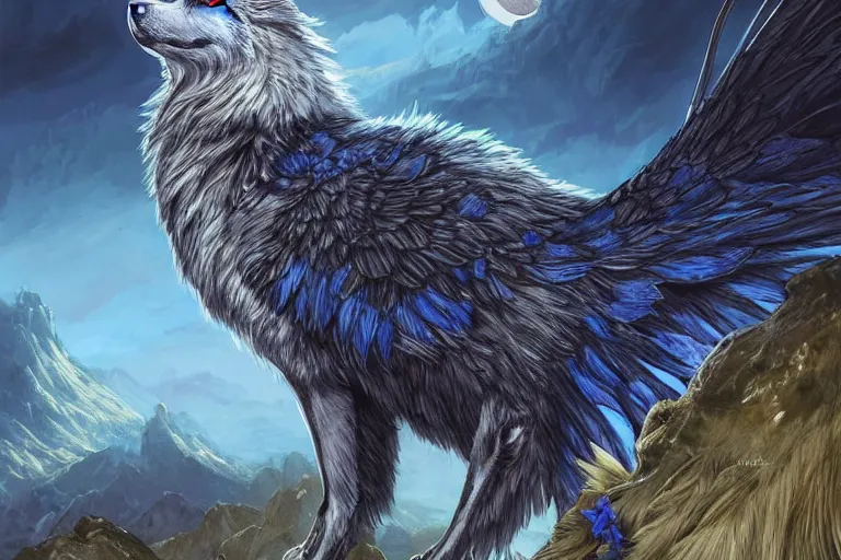 Image similar to Blue feathered wolf with wings on a beautiful fantasy landscape, hills, mountains, moonlit, HD, illustration, epic, D&D, fantasy, intricate, elegant, highly detailed, digital painting, artstation, concept art, smooth, sharp focus, illustration, art by artgerm and greg rutkowski and alphonse mucha and jin xiaodi and anthony devine and yigit korogly