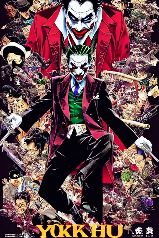 Prompt: poster of joker as a yakuza gangster, by yoichi hatakenaka, masamune shirow, josan gonzales and dan mumford, ayami kojima, takato yamamoto, barclay shaw, karol bak, yukito kishiro, highly detailed