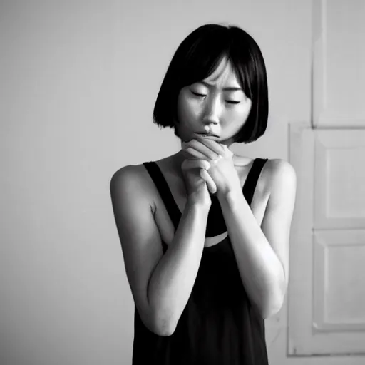 Image similar to sad asian girl alone in an empty room, black and white, award winning, 8k