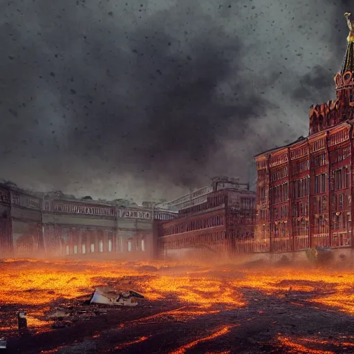 Prompt: Moscow in fire, abandoned, ruined, realistic, dark, cinematic, 8k render, full HD