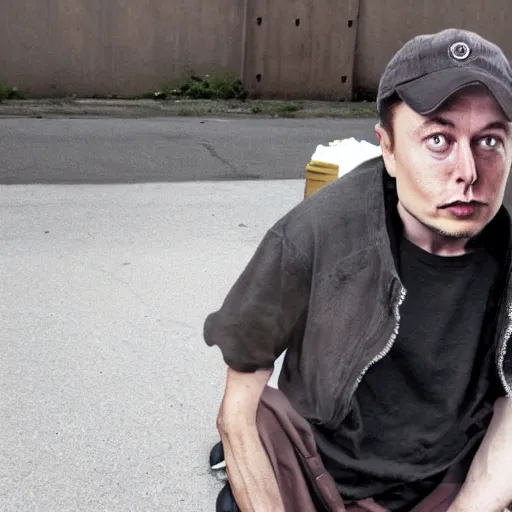 Image similar to elon musk as a homeless man, 4 k