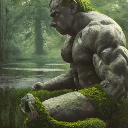 Image similar to ancient stone golem resting beside a pond inside a forest, muscular human statue with moss, oil painting, by Greg Rutkowski