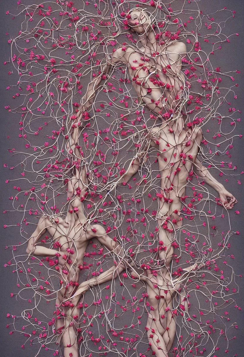 Image similar to human circulatory system, of vines and flowers, apocolypse, arms open, no duplicate image, heart made of flowers, intricate details, art by feng zhu, beautiful, human body, tangled, birds, hugging people, heart, face, body