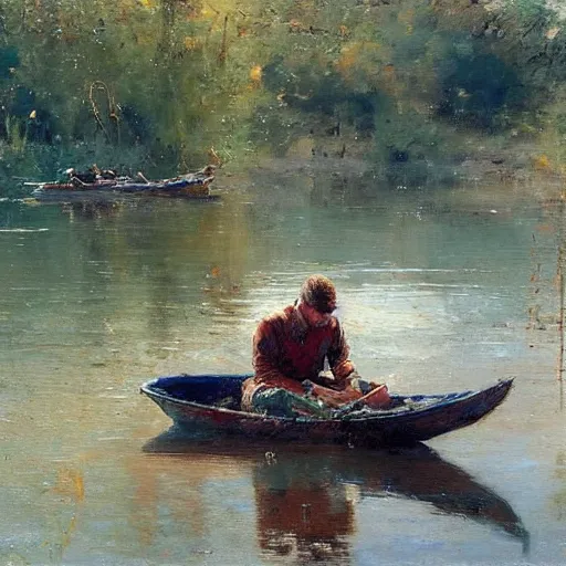 Image similar to painting of dad and son thinking together in boot on a calm lake, by pino daeni