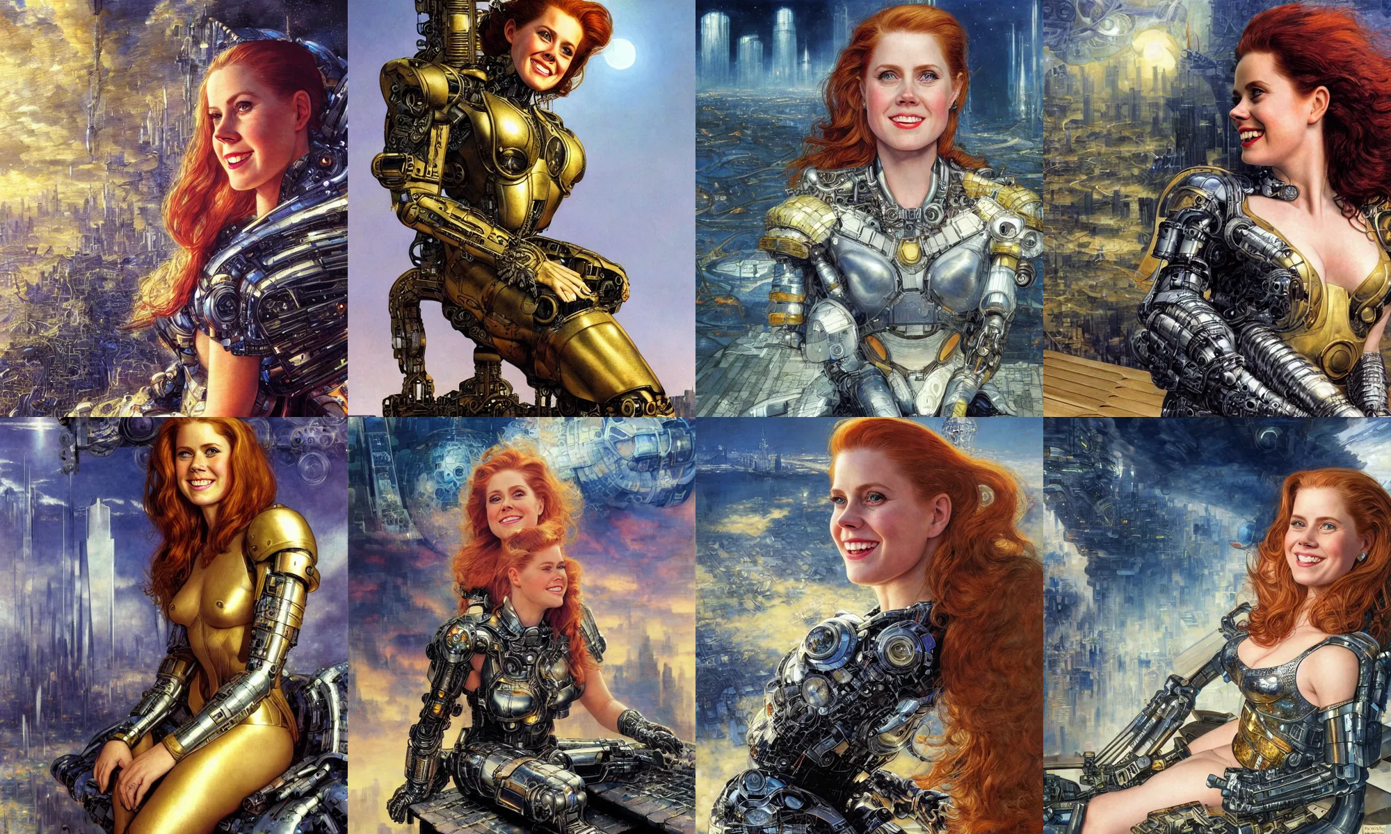 Image similar to close - up portrait of epic young amy adams smiling into camera, intricate cyborg armor, sitting on a bench, vista of futuristic city, windy, golden hour, wlop, by gerald brom, by mikhail vrubel, by peter elson, extreme detail, trending on artstation