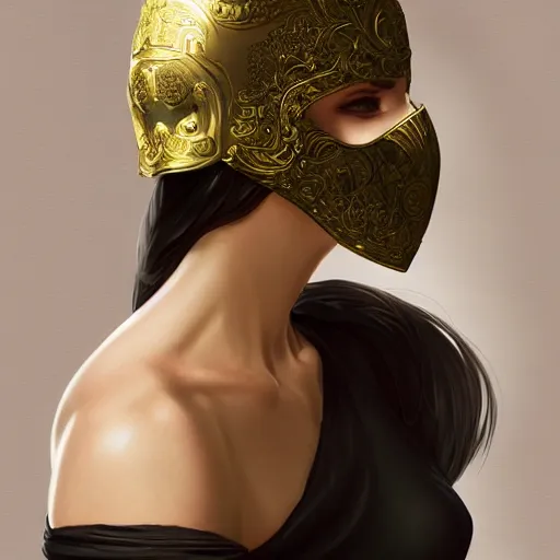 Image similar to 1 5 year old white girl with a white shirt that has one shoulder visible, wears black sports shorts and a golden mask on her face, intricate, highly detailed, digital painting, artstation, concept art, smooth, sharp focus, illustration, unreal engine 5, 8 k, art by artgerm and greg rutkowski and alphonse mucha