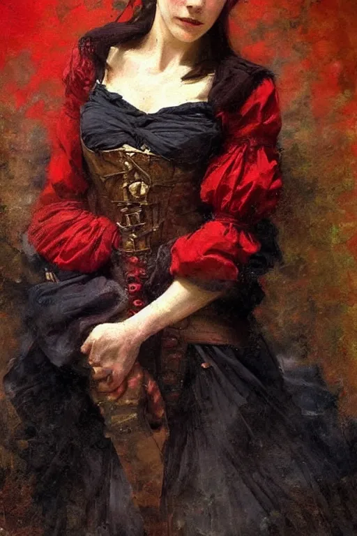 Image similar to Solomon Joseph Solomon and Richard Schmid and Jeremy Lipking victorian genre painting full length portrait painting of a young beautiful woman traditional german french pirate wench in fantasy costume, red background