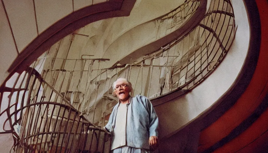 Prompt: 7 0 s movie still of a old man with a spiral stairs in the chest in the hospital, cinestill 8 0 0 t 3 5 mm eastmancolor, heavy grain, high quality, high detail