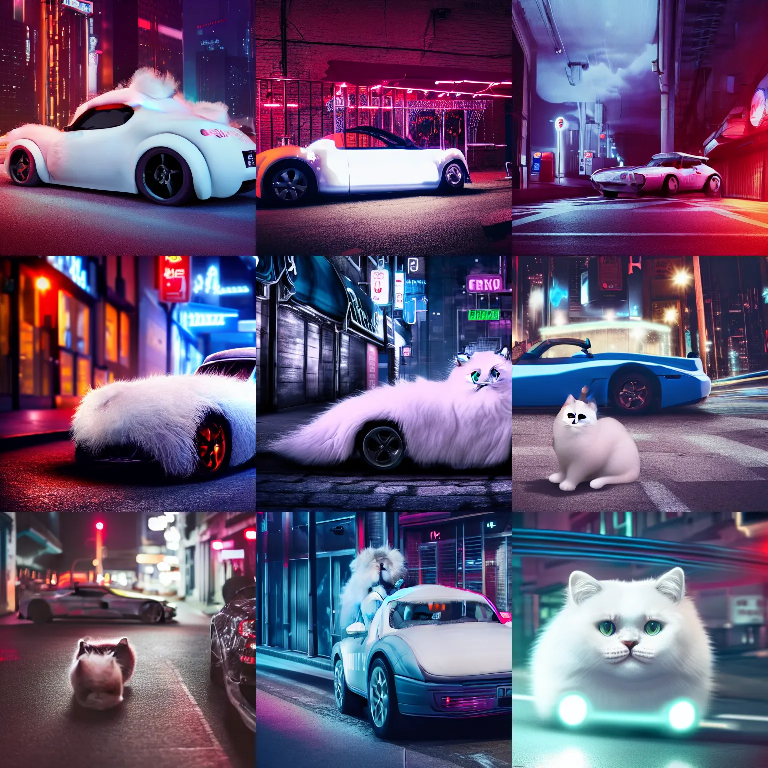 Prompt: a fluffy roadster covered with white fur and looked like a British Shorthair cat, parking in the street, Cyberpunk, neon light, 4k, hd, highly detailed