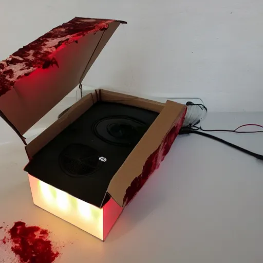 Prompt: a large box made out of flesh, skin, blood, clumps of hair, lights, led, computer, spinning fan,