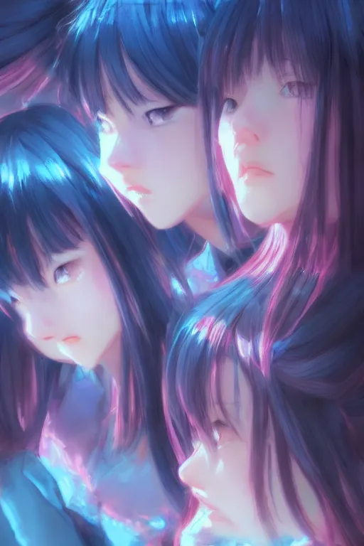 Prompt: 3d infrared octane render concept art by Mo Xiang Tong Xiu, by Igarashi Daisuke, by makoto shinkai, cute beauty cozy portrait anime sad schoolgirls under dark pink and blue tones, mirror room. light rays. deep water bellow. beautiful and pretty face. dramatic deep light, trending on artstation, oil painting brush