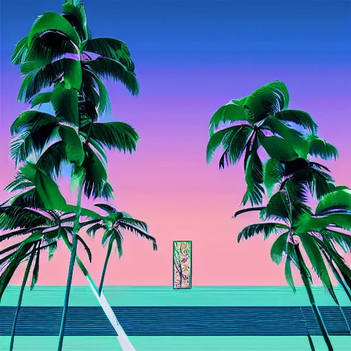 Prompt: hi this is flume flow album LP cover flume Jonathan Zawada style vibrant colours miami beach sunset vapor wave palm trees 80s synth retrowave delorean covered in stickers