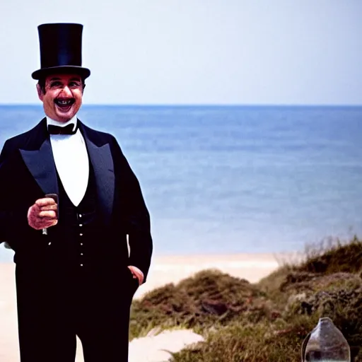 Prompt: the godfather wears a top hat and smiles. 5 0 mm, cinematic, technicolor. sea and beach and a man in the background.