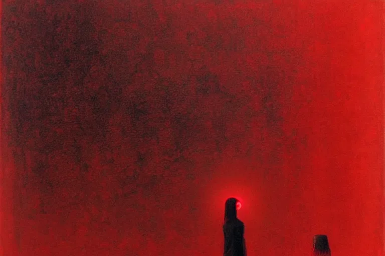 Prompt: only with red, a red shinigami eat apple, mars in background, an ancient path, in the style of beksinski, part by hopper, part by rodcenko, part by hofbauer, intricate composition, red by caravaggio, insanely quality, highly detailed, masterpiece, red light, artstation