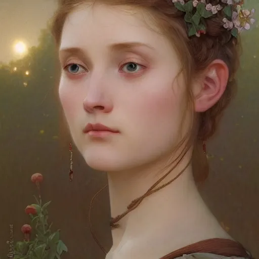 Image similar to Portrait of beautiful pale peasant girl, cinematic lighting, intricate, elegant, highly detailed, digital painting, artstation, smooth, sharp focus, illustration, art by artgerm and greg rutkowski and alphonse mucha and Wayne Barlowe and william-adolphe bouguereau