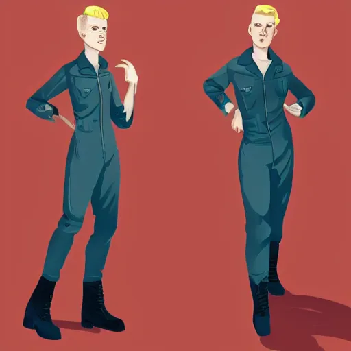 Image similar to character concept art of stoic heroic emotionless handsome blond butch tomboy woman with very short slicked-back hair, in atompunk jumpsuit and boots, science fiction, atompunk, illustration