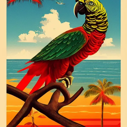 Image similar to vintage travel poster for tropical location, giant parrot, artstation,