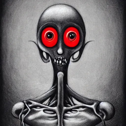 Prompt: humanoid with crooked teeth, two black eyes, long open black mouth, alien looking, big forehead, horrifying, killer, creepy, dead, looking straight forward, realistic, slightly red, long neck, boney, monster, tall, skinny, skullish, deathly, in the style of alfred kubin