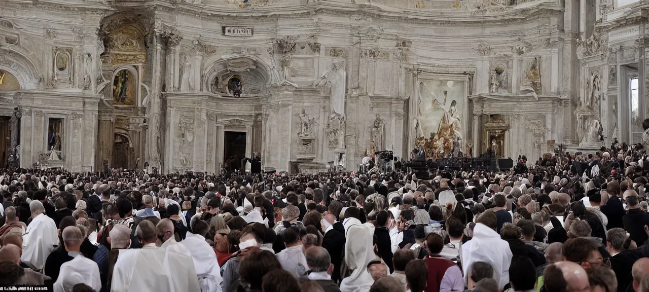 Prompt: Surprised Priests Watching Landing of an realistic unfiendly glowing Alien spaceShip in the Middle of the Vatican Square, Very Restless and Dramatic Atmosphere, Realism, Detailed Journalistic Photography