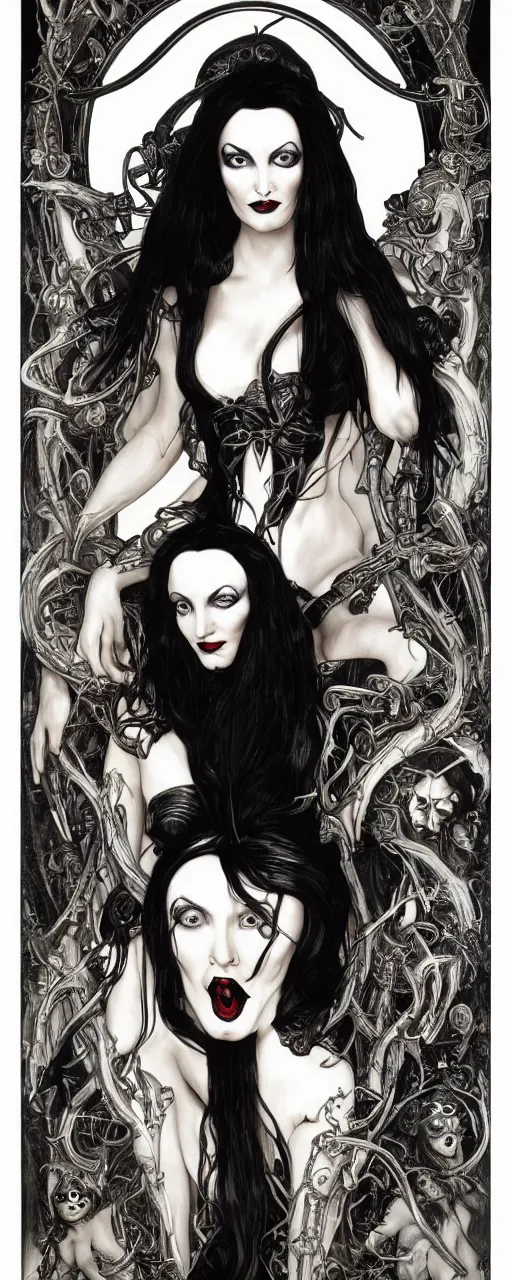 Image similar to striking sensual gorgeous thrash metal art nouveau portrait of morticia addams as a grindcore death metal rebel soldier by chris achilleos, giger, simon bisley and alphonse mucha, photorealism, extremely hyperdetailed, perfect symmetrical facial features, perfect anatomy, ornate declotage, excited expression, wild eyes