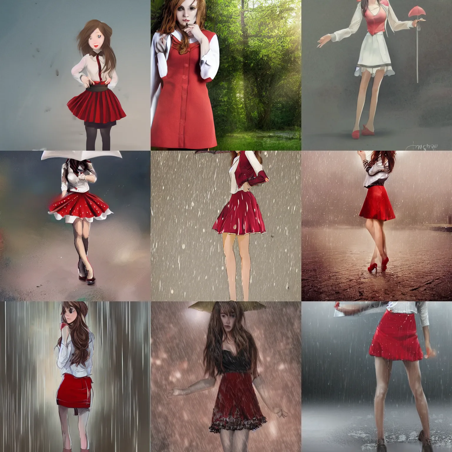 Prompt: beautiful young woman with brown hair and pale skin, standing in the rain, wearing a short red skirt and white blouse, concept art, highly detailed, intricate