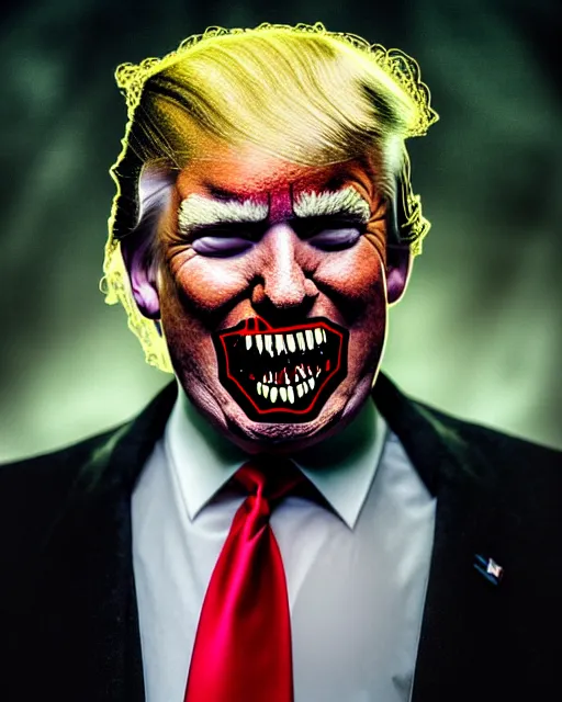 Image similar to photograph portrait of donald trump as dracula, fangs, character portrait, close up, concept art, intricate details, in the style of otto dix and h. r giger