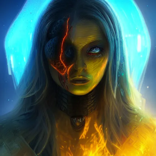 Image similar to dark art, Hot reptile humanoid woman, wearing armor, long blue hair, glowing yellow eyes, burning world, futuristic, digital art, artstation, concept art, 4k, 8k