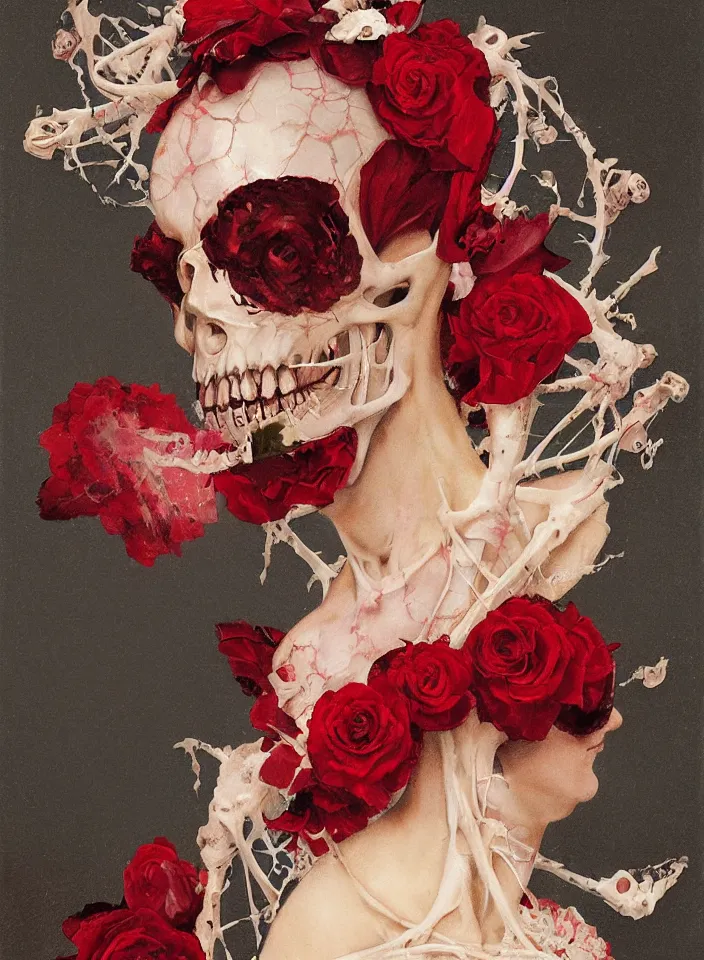 Image similar to transparent woman in a mask of a bird\'s skull with a wreath of roses, dressed in a dress of red boiling liquid wax, from under which the bones of the skeleton are visible, flying around the bird, buds and rose petals, dark background, painted by Caravaggio, Greg rutkowski, Sachin Teng, Thomas Kindkade, Alphonse Mucha, Norman Rockwell, Tom Bagshaw.