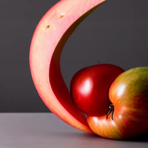 Prompt: slow motion image of a tomato and an apple colliding mid air, 4 k