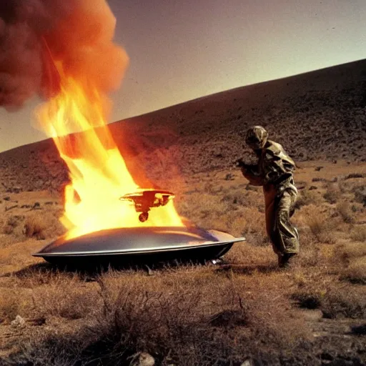 Image similar to army troops surround shiny metallic ufo flying saucer with transparent dome crashed in the desert, smoking and burning in flames by Ray Harryhausen and Glen Orbik, color Ektachrome photo