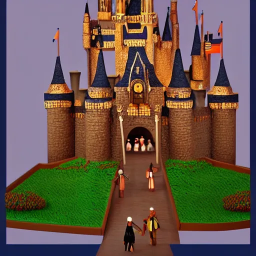 Image similar to people walking into the castle by walt disney buit made from gingerbread and stuff, live action digital art