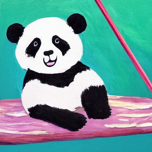 Image similar to beautiful and adorable and cute acrylic! impasto! painting of a sad, crying panda bear on a playground swing