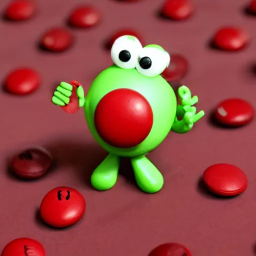 Prompt: a single red m & m candy with arms and legs, a red sphere