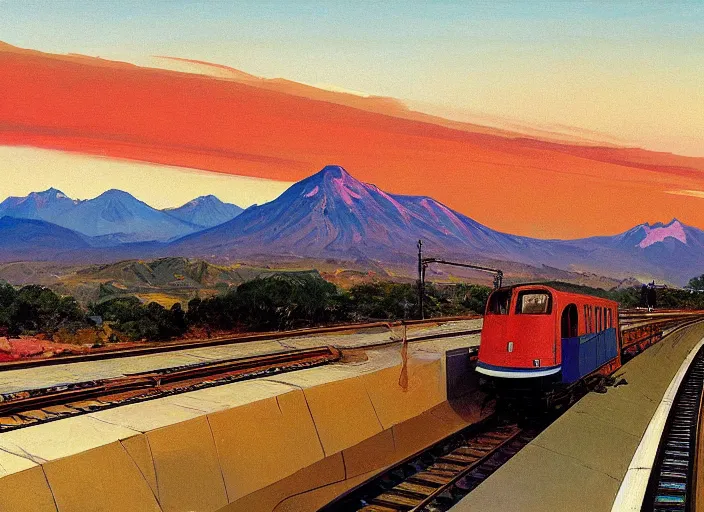 Prompt: illustration of the santiago metro at full speed with the andes mountain range in the background at sunset by john berkey and edward hopper