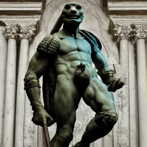 Image similar to donatello of the teenage mutant ninja turtles as a sculpture from the renaissance artist michelangelo, made of white marble, high details, cinematic, dramatic lighting, photorealistic