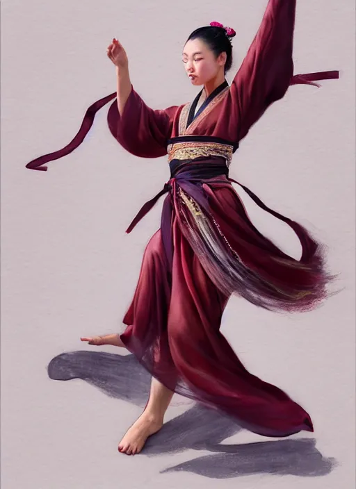 Prompt: full body portrait of a dancer throwing silk belts, feet, barefoot, full body, tanned, vivacious, extremely beautiful, hanfu, chinese ribbon dance, wide ribbons, silk belt, wuxia, martial arts, ming dynasty, detailed, realistic face, anatomically accurate, fantasy illustration, dnd, artstation, wlop.