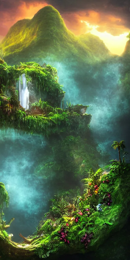 Image similar to a shipwreck at the bottom of a caribbean jungle cave, lush flora, waterfall, mountains, dark towering clouds, flowers, vines, sunset, volumetric lighting, rtx on, washed out colors, an award winning digital render, beautiful, ultradetailed, great composition