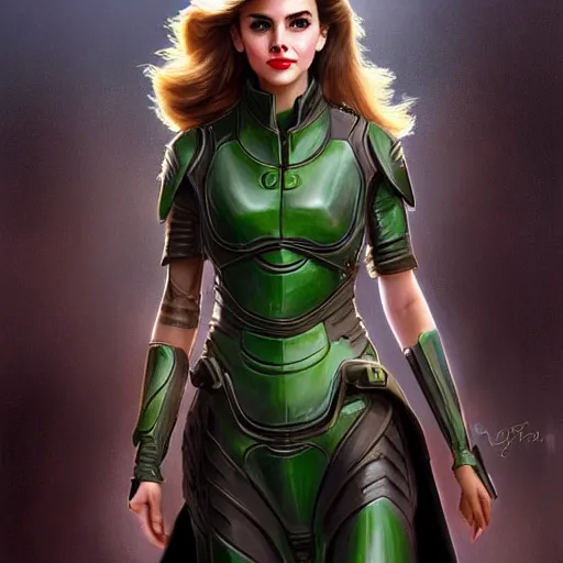 Image similar to A combination of Victoria Justice's and Grace Kelly's and Emma Watson's appearances wearing Master Chief's armor, full body portrait, western, D&D, fantasy, intricate, elegant, highly detailed, digital painting, artstation, concept art, matte, sharp focus, illustration, art by Artgerm and Greg Rutkowski and Alphonse Mucha