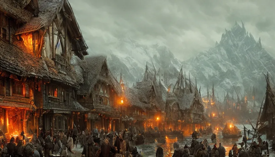 Image similar to a beautiful photo realistic still image of laketown from the movie the hobbit, warm colors, by greg rutkowski, trending on artstation, masterpiece,