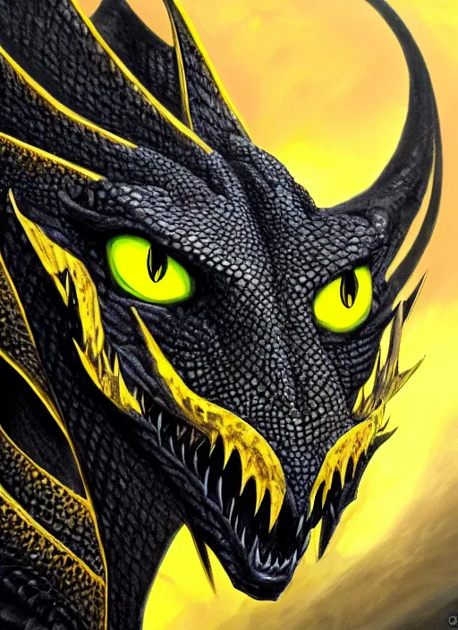 Image similar to closeup portrait of black dragon head with yellow eyes, ultra realistic, fantasy, magic, dnd,