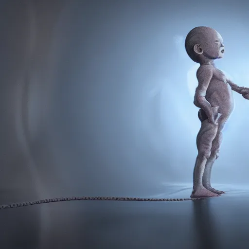 Image similar to picture of fetus with a cord, coming out from the television static noise, 8k, unreal engine, concept art, oil paiting, artstaion, higly detailed, ultra hd