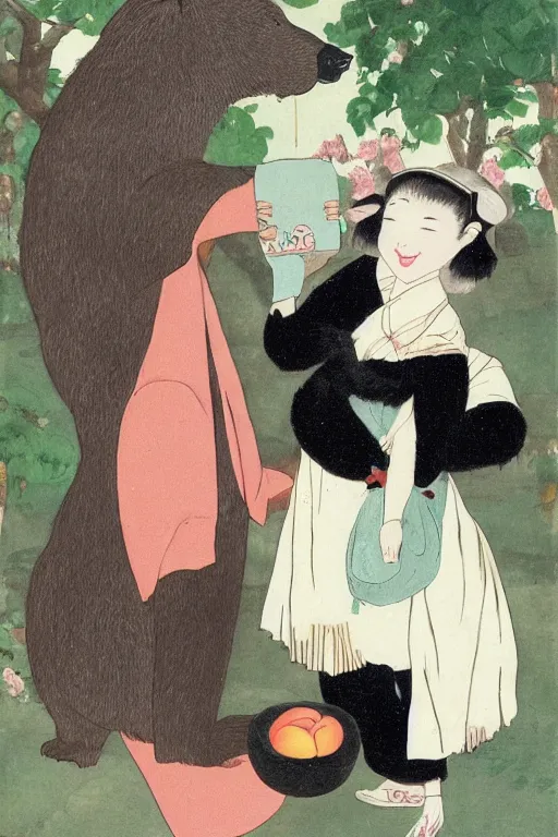 Prompt: a young smiling girl gives a peach to a really large anthropomorphic asian black bear, in the style of foujita tsuguharu