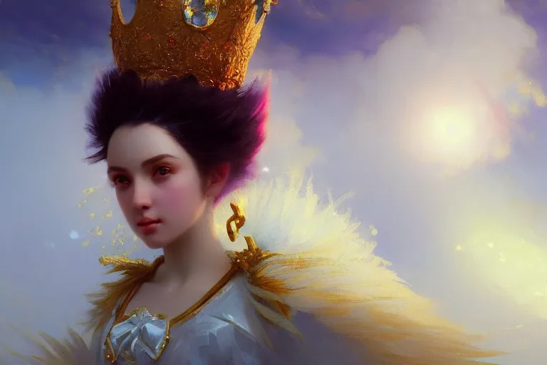 Image similar to Portrait of magical girl, close up, wearing crown of bright feathers, painting by Ivan Aivazovsky and Greg Rutkowski, artstation, fantasy, intricate, beautiful, cinematic, octane render, arnold render, 8k, hyper realism, detailed, sharp focus, 4k uhd, masterpiece, award winning