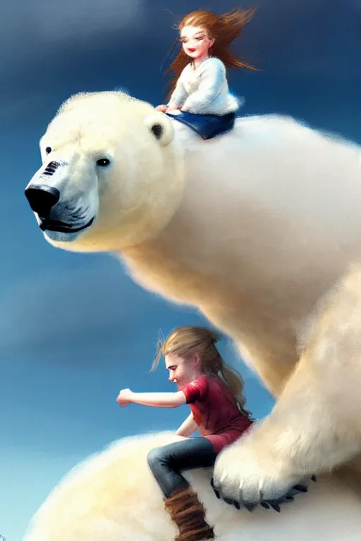 Prompt: tiny girl riding on the back of a giant fluffy polar bear by greg rutkowski