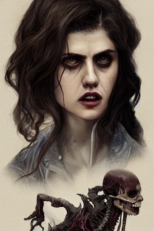 Image similar to alexandra daddario in sleepy hollow, full body, big two toned eyes, teeth gritted, horror, intricate details, cinematic, epic, realistic, anatomy, tomer hanuka, uplight, artstation, photorealistic, scary