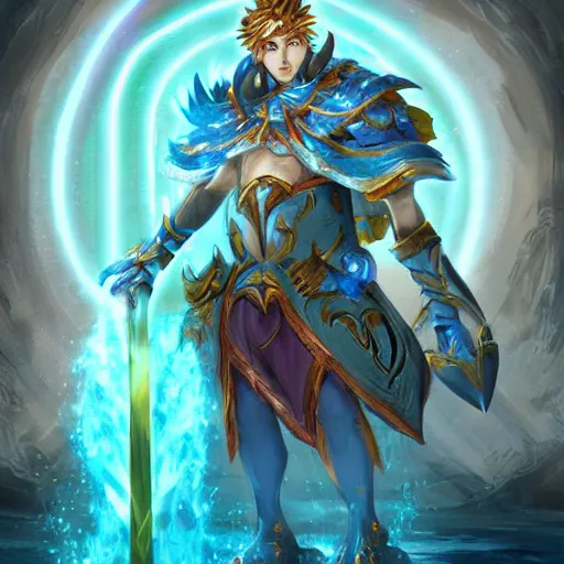 Image similar to fantasy art of childe ( tartaglia ), a water god from genshin impact that controls the power of water sword. digital art, fantasy art, high quality, trending on artstation, league of legends splash art