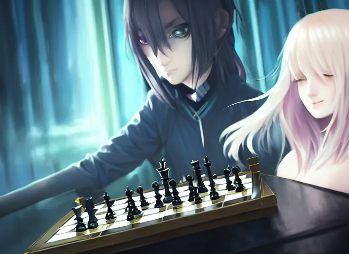 Image similar to a pale anime girl playing chess, league of legends, with golden eyes, straight sky blue hair, long bangs, black jacket, high collar, concept art, award winning photography, digital painting, cinematic, by wlop, anime key visual, wlop, 8 k, by ross tran, tom bagshaw, andy warhol