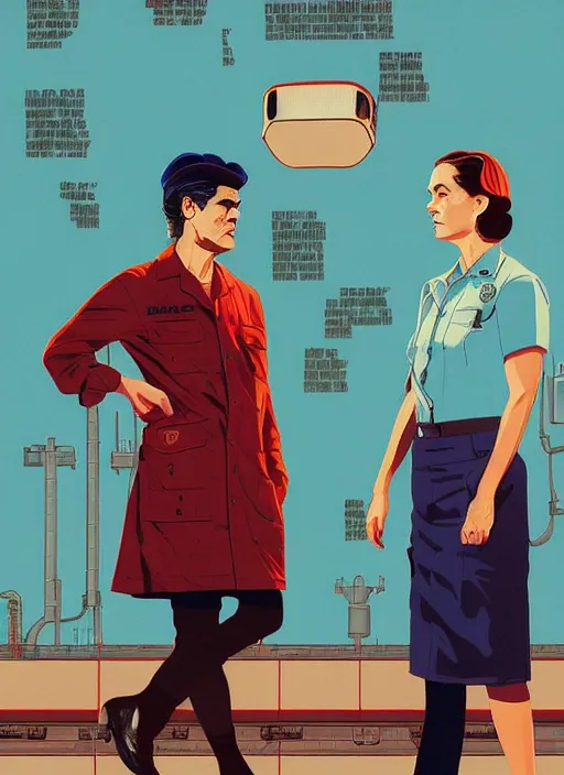 Image similar to Twin Peaks art, of Michael Shannon dressed as mechanic talking to Jennifer Connelly wearing light blue diner waitress dress, poster artwork by Tomer Hanuka, Sam Weber, Laurent Durieux, Katherine Lam, from scene from Twin Peaks, clean