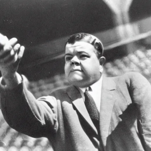 Prompt: a black and white still image of Babe Ruth taking a selfie.